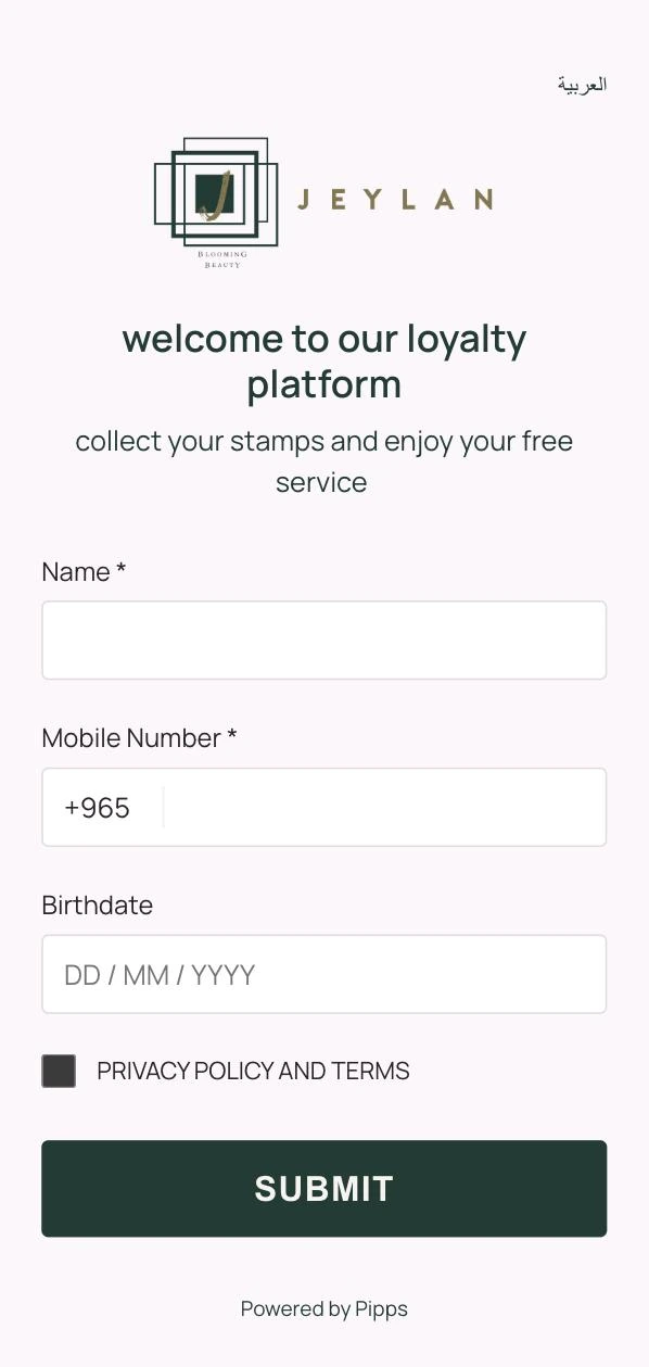 Jeylan’s enrolment page on a phone: a welcome message, name, mobile number and birthdate fields, a privacy policy checkbox and a submit button