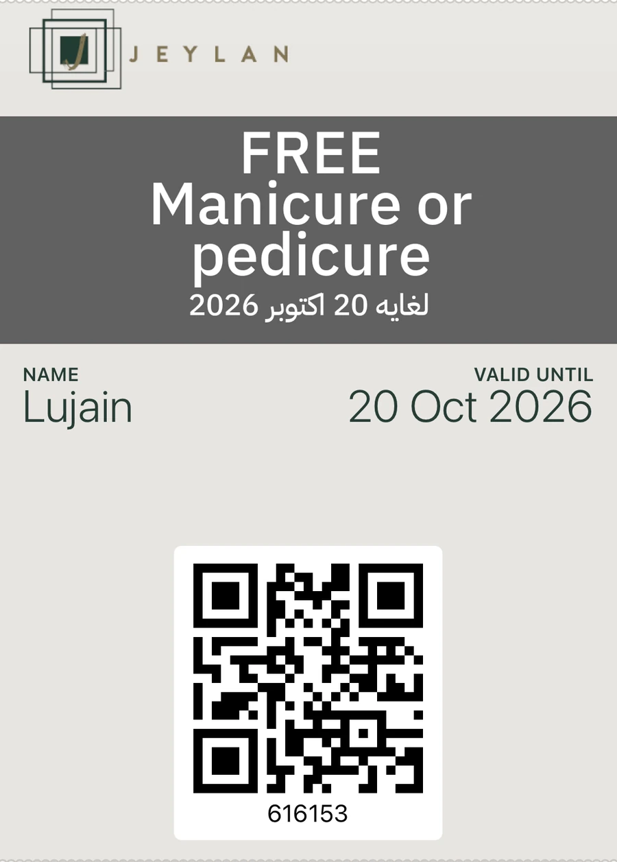 Jeylan coupon in Apple Wallet for a free manicure or pedicure, valid until 20 Oct 2026