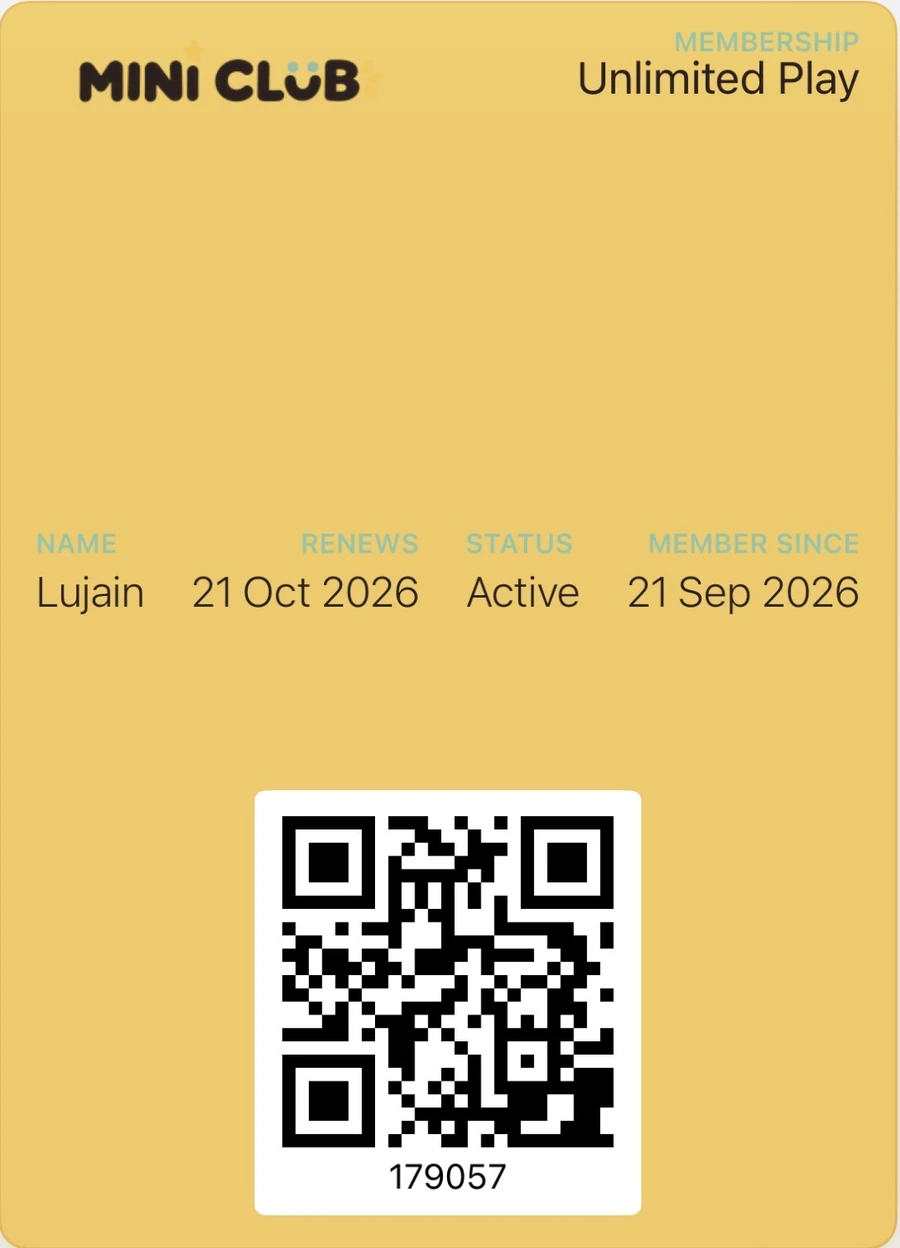 Mini Club membership in Apple Wallet: Unlimited Play, active, renews 21 Oct 2026