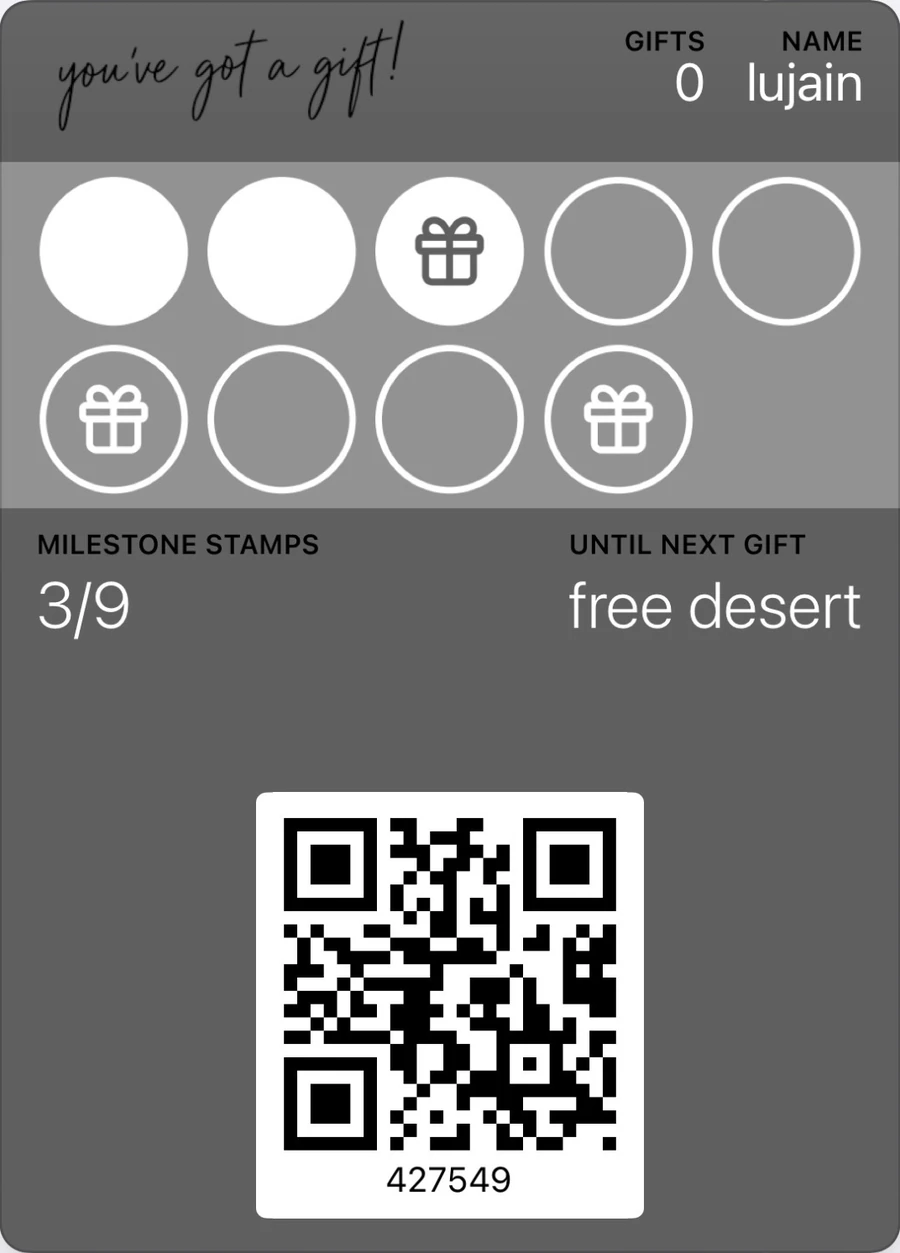 Milestone stamp card in Apple Wallet at 3 of 9 stamps, with gift icons marking each reward