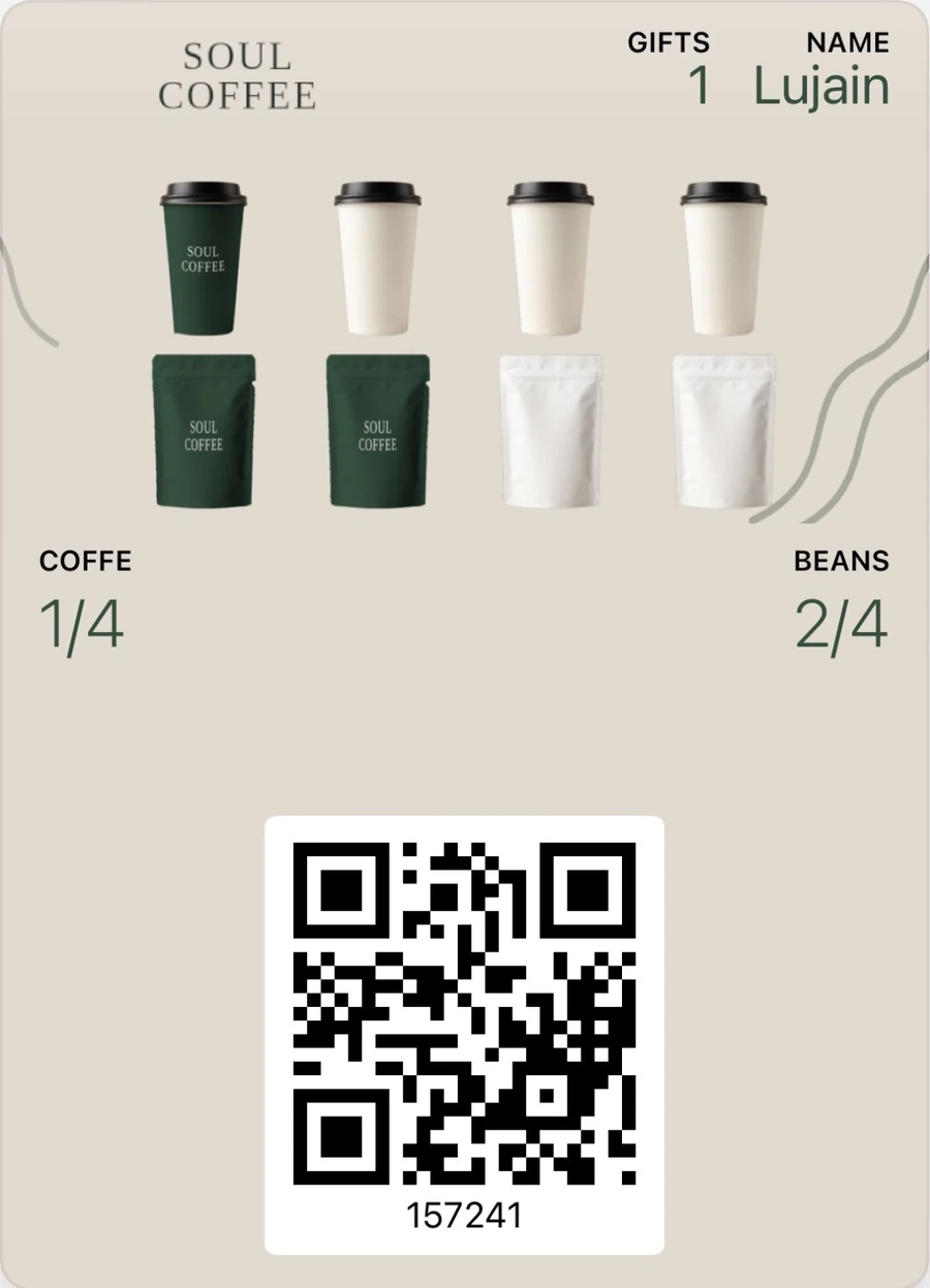 Soul Coffee card in Apple Wallet with two stamp tracks: coffee 1 of 4 and beans 2 of 4