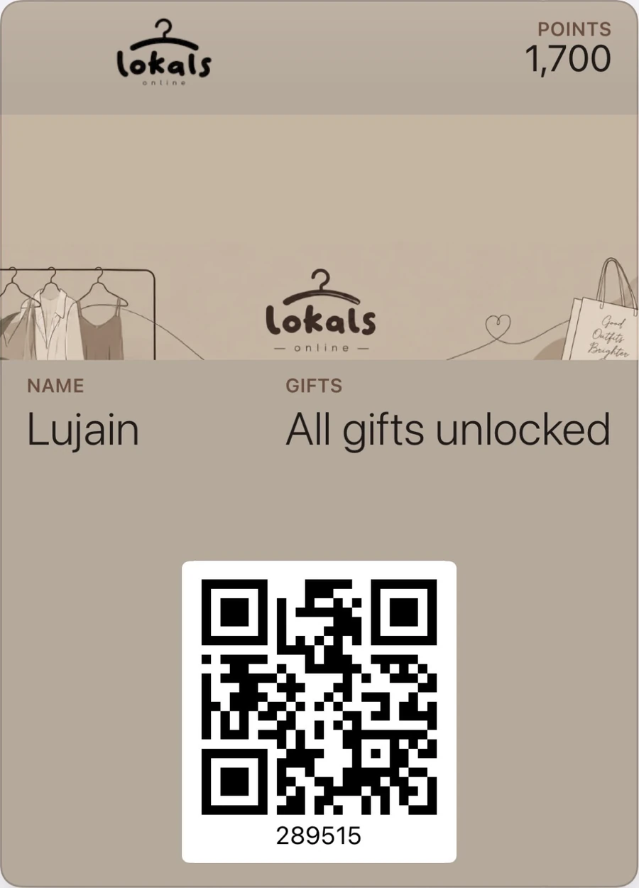 Lokals Online points card in Apple Wallet showing 1,700 points and all gifts unlocked
