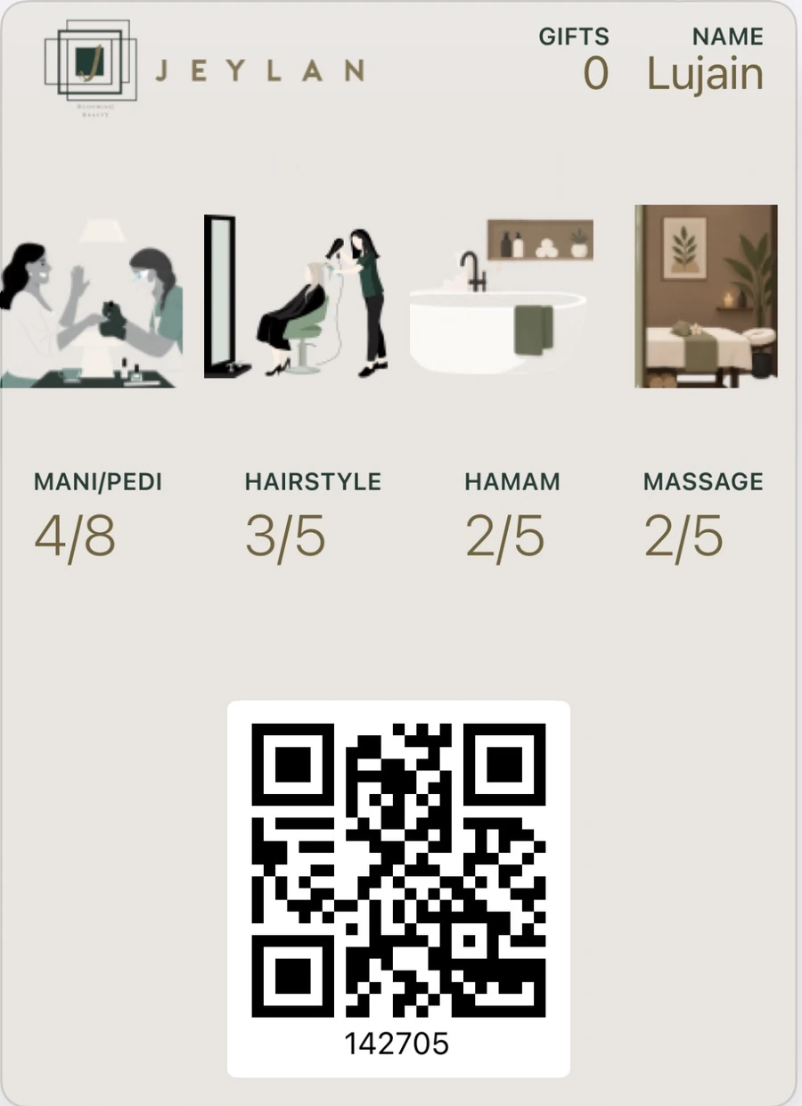 Jeylan card in Apple Wallet with four stamp tracks: mani/pedi 4 of 8, hairstyle 3 of 5, hamam 2 of 5, massage 2 of 5