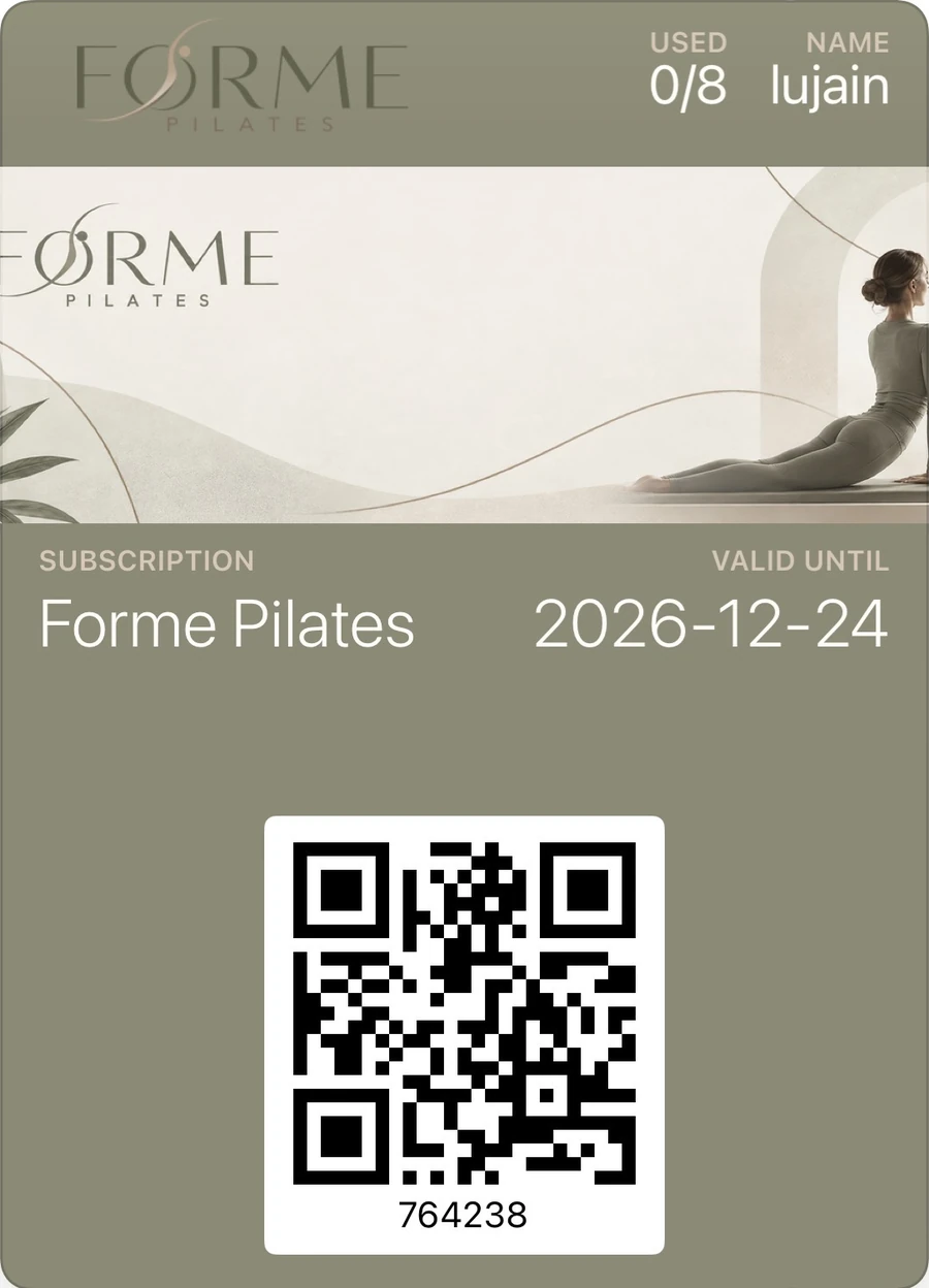 Forme Pilates session pack in Apple Wallet: 0 of 8 sessions used, valid until 2026-12-24