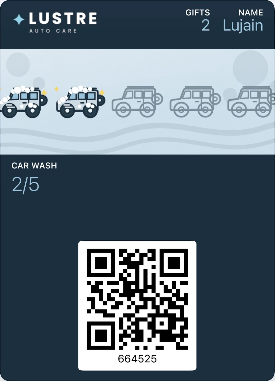 Lustre Auto Care stamp card in Apple Wallet showing 2 of 5 car washes and a QR code